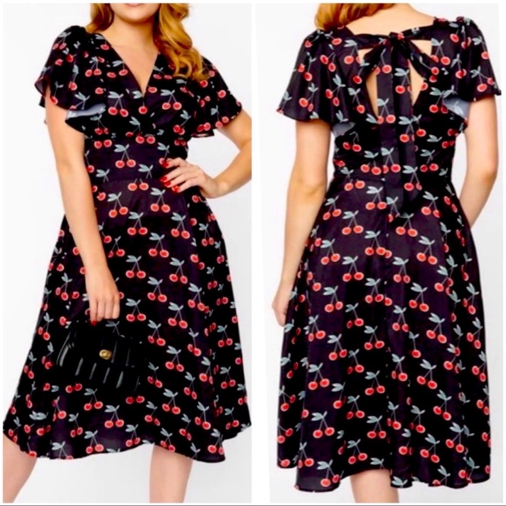 NEW Unique Vintage Black & Cherry Print Swing Dress